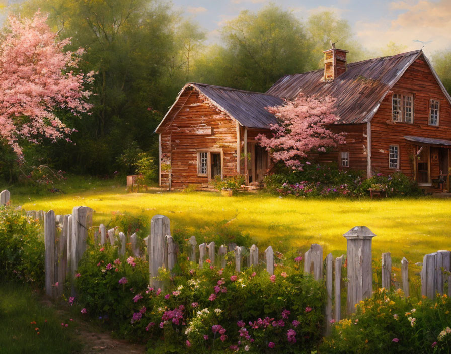 Rustic wooden cottage with blooming cherry tree and picket fence in colorful meadow