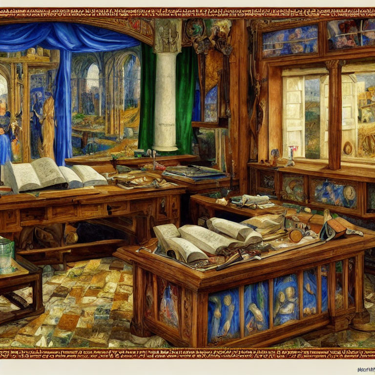 Detailed medieval study room with blue curtain, stained glass, manuscripts, and view of gothic cathedral.