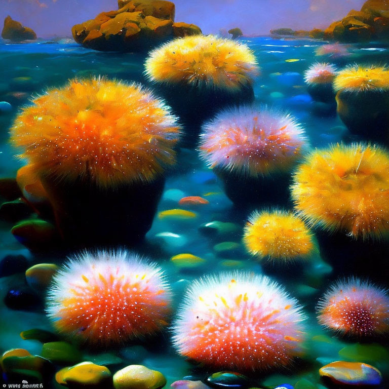 Colorful Underwater Seascape with Golden Sea Anemones and Rocks