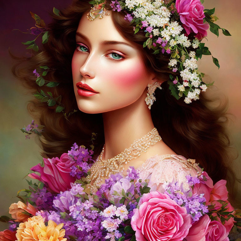 Vibrant floral digital artwork of a woman with rich colors