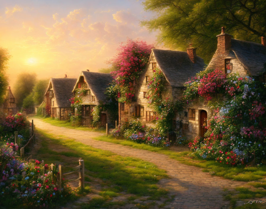 Traditional cottages surrounded by gardens at sunset.