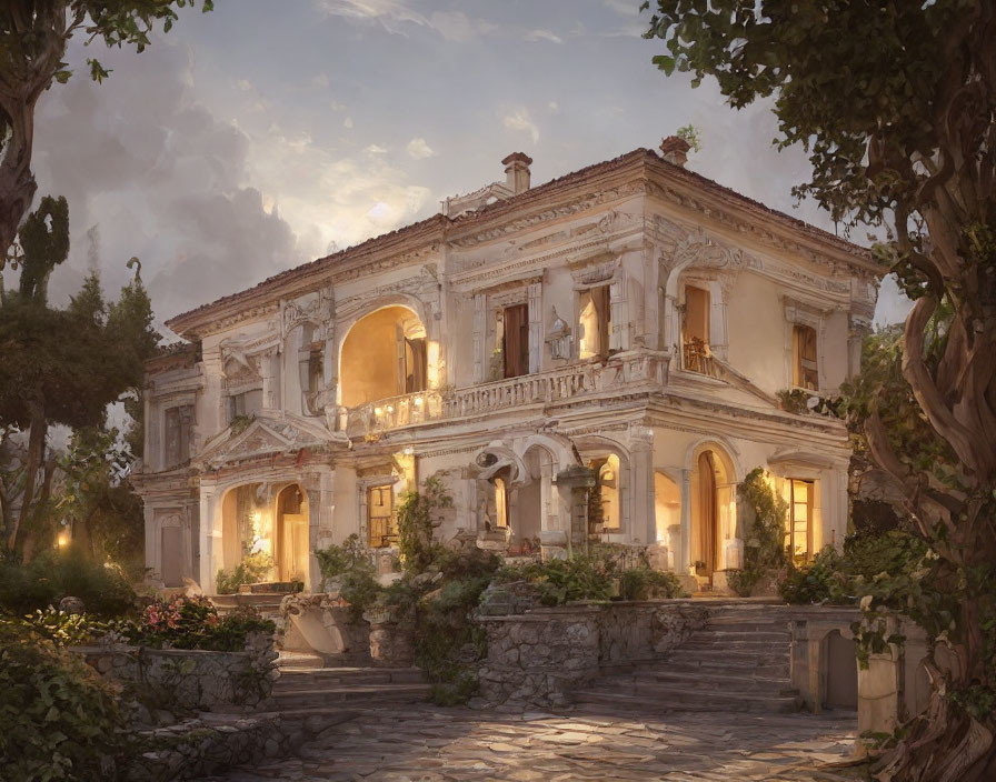 Majestic mansion in enchanting garden at dusk