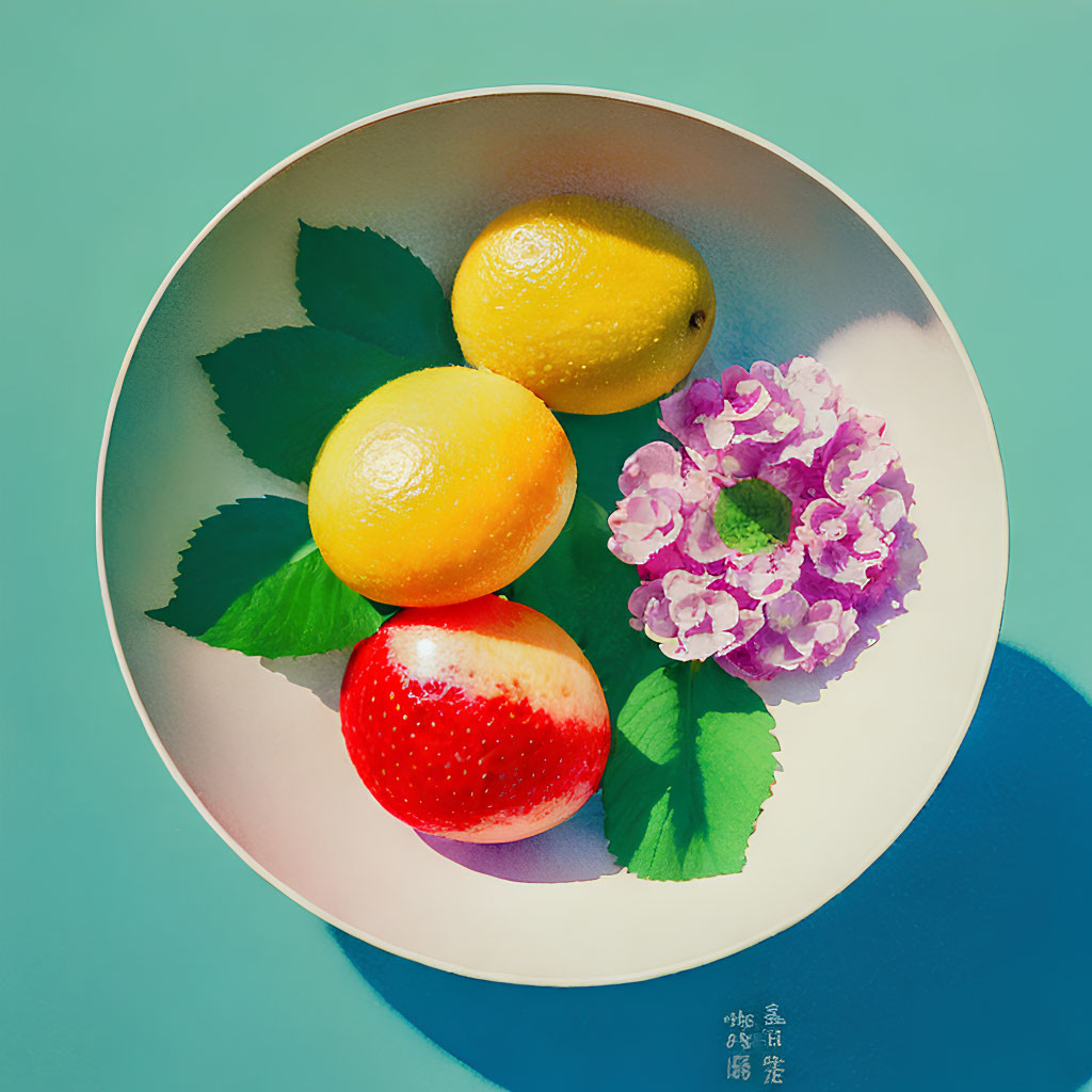 Bowl with lemons, apple, hydrangea, and leaves on turquoise background