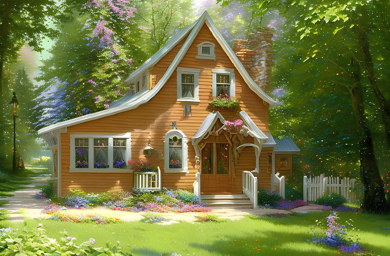 Charming wooden cottage with white trim and porch in lush garden