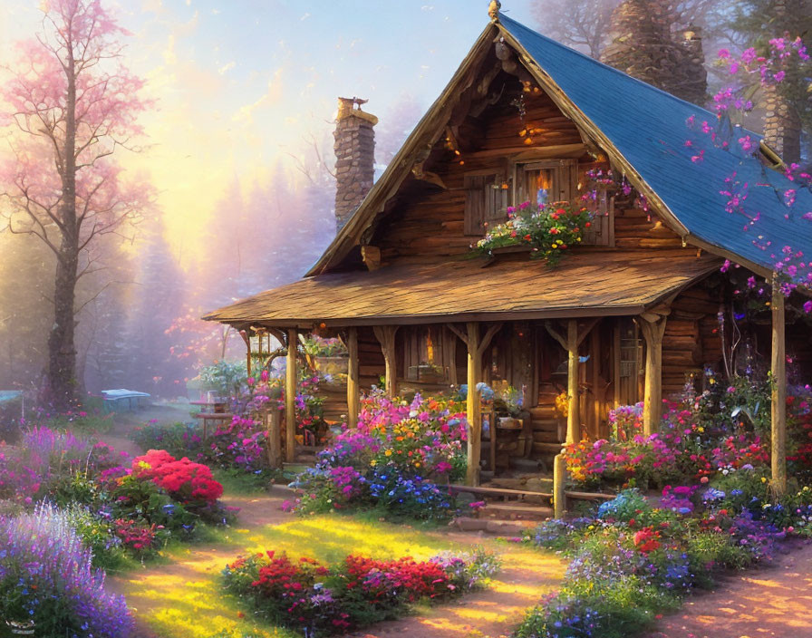 Cozy wooden cottage in colorful garden under warm sunlight