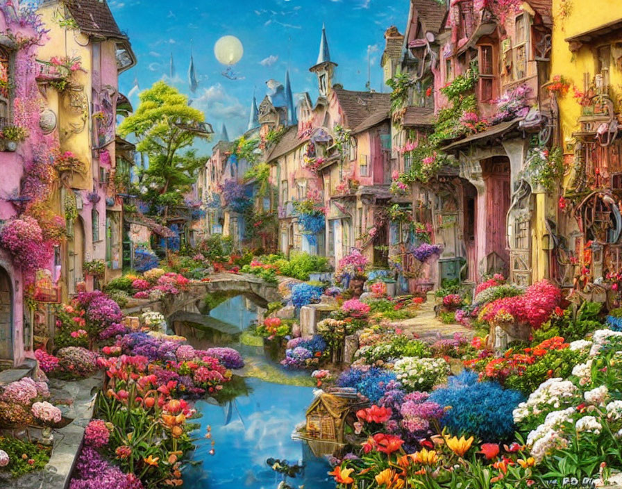 Colorful village with flowers, stone bridge, and bright moon in blue sky