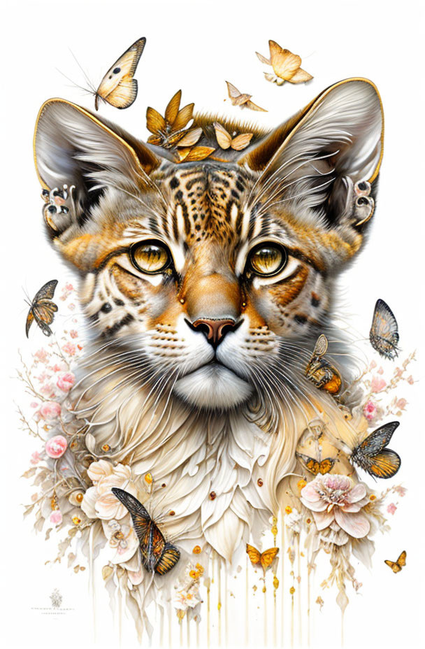 Detailed Lynx Face Illustration with Butterfly and Floral Motifs