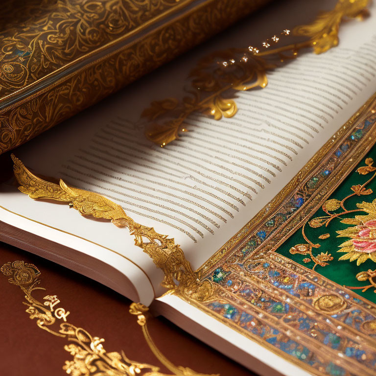 Intricately Designed Open Book with Golden Edges on Green Cover