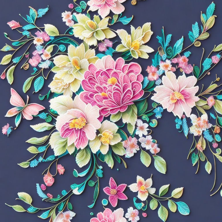 Vibrant paper art flowers with intricate pink and yellow designs on dark background