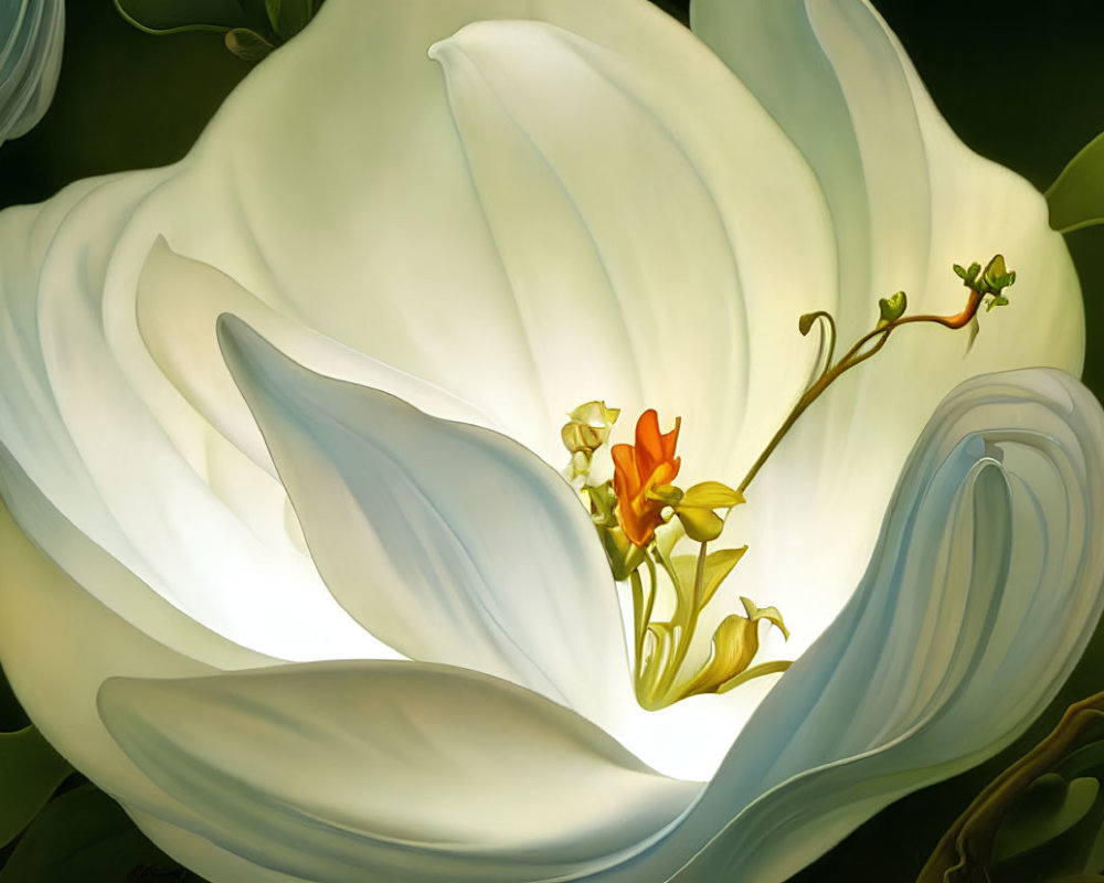 Detailed Close-Up of White Magnolia Flower with Soft Petals and Green Pistils