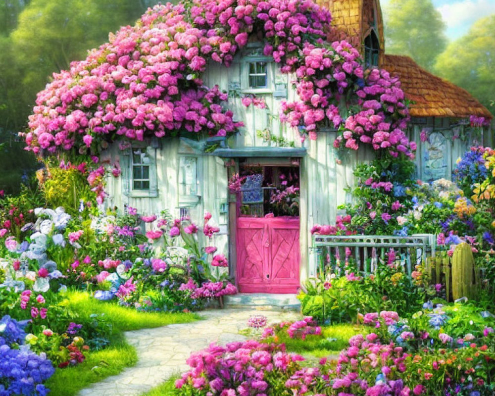 Pink Flower-Covered Cottage with Garden and Pink Door in Lush Landscape