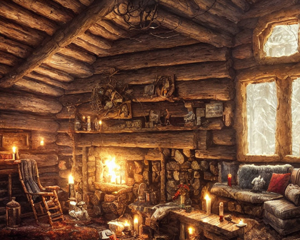 Rustic cabin interior with stone fireplace and vintage decor