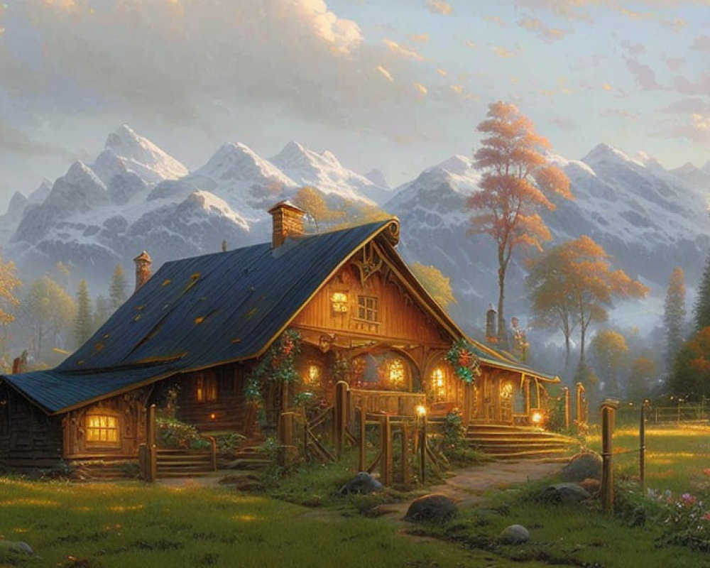 Illuminated cabin in serene mountain setting with snowy peaks and warm sunset sky