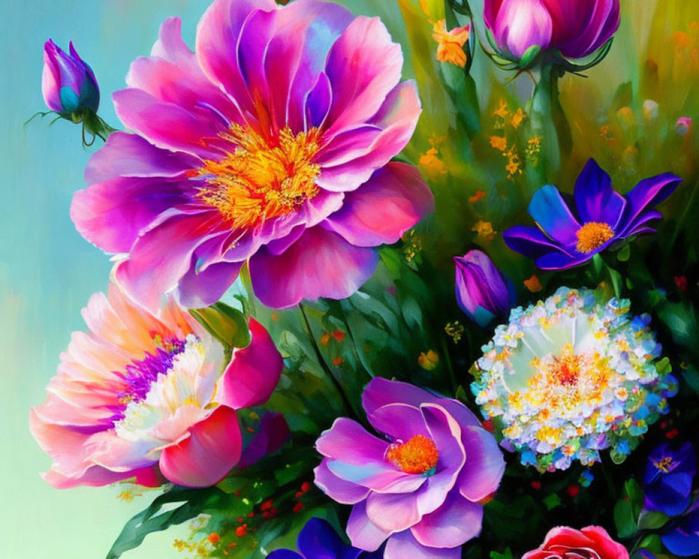 Colorful floral painting with magenta peony and purple roses on light blue background