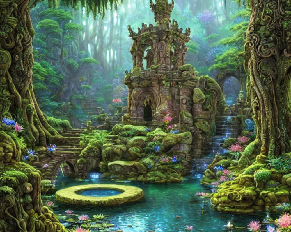 Mystical forest scene with lush greenery, vibrant flowers, serene pond, and misty light