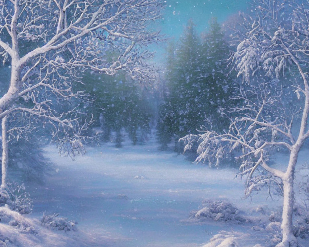 Snow-Covered Trees in Serene Winter Landscape