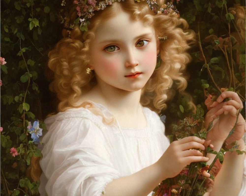 Young girl with blonde hair in floral crown, white dress, surrounded by greenery and flowers holding a