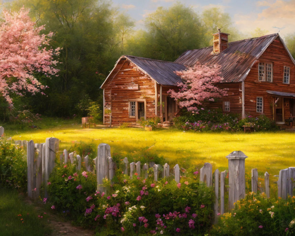 Rustic wooden cottage with blooming cherry tree and picket fence in colorful meadow