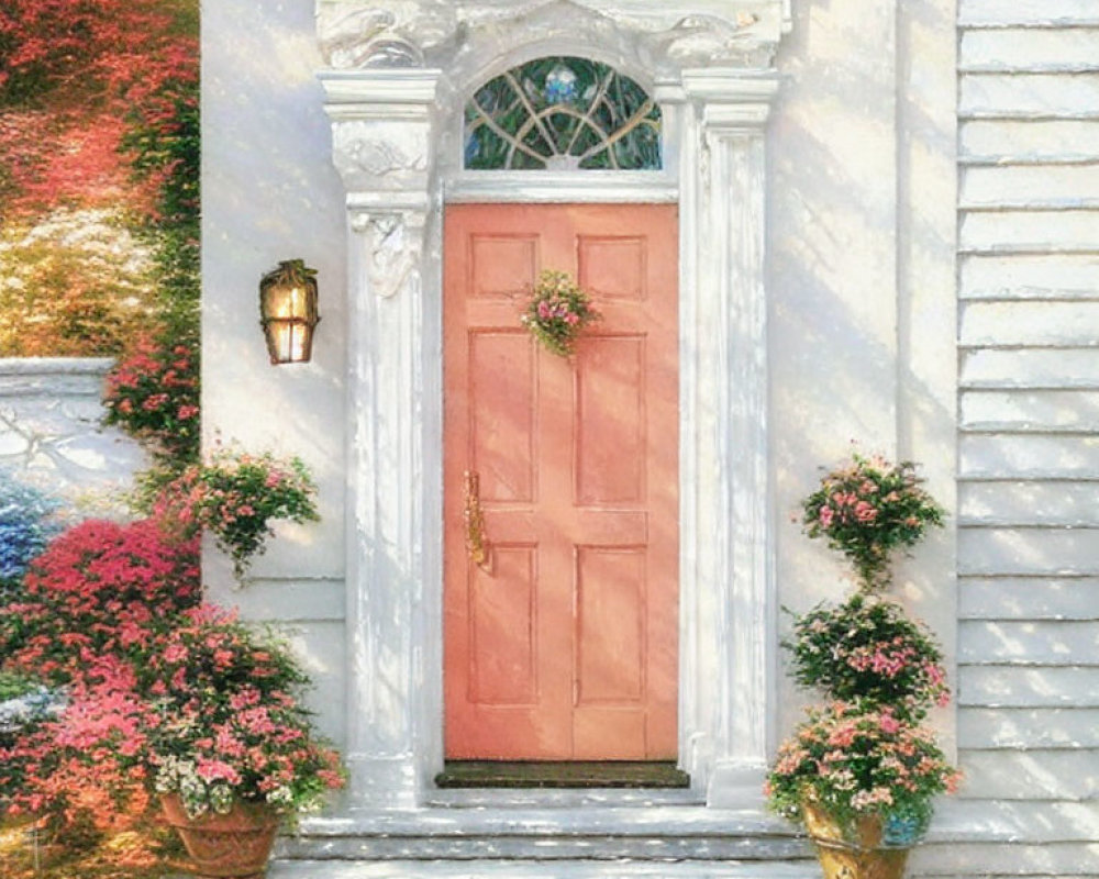 Wooden door with glass panes, lantern, and flowers at white cottage