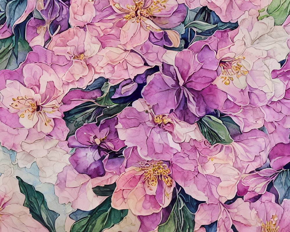 Vibrant Pink and Purple Flowers Watercolor Painting