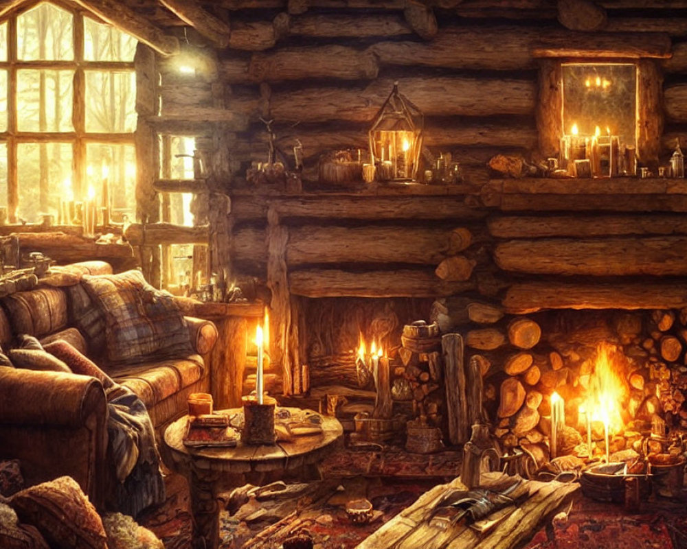 Cozy Wooden Cabin Interior with Candlelight and Fireplace