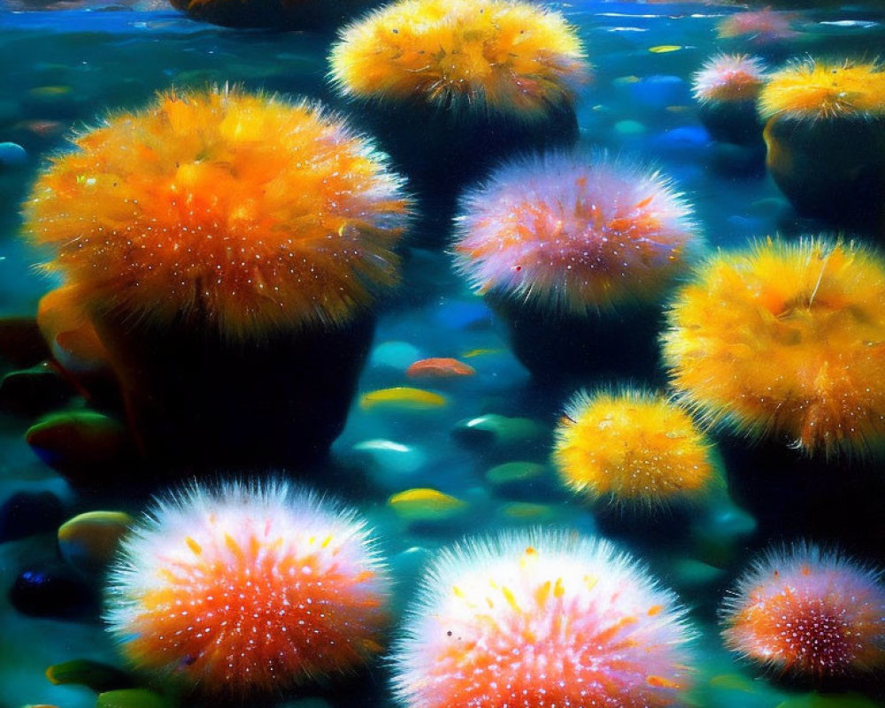 Colorful Underwater Seascape with Golden Sea Anemones and Rocks