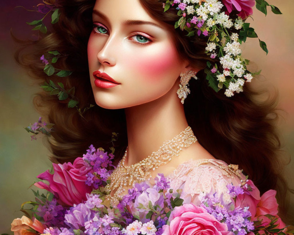 Vibrant floral digital artwork of a woman with rich colors