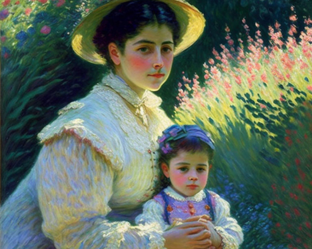 Woman in White Dress Holding Child Surrounded by Flowers