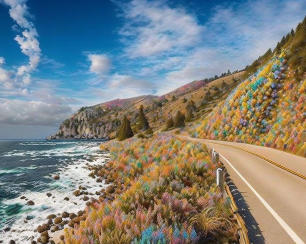 Curving Coastal Road with Vibrant Landscape and Clear Blue Sky