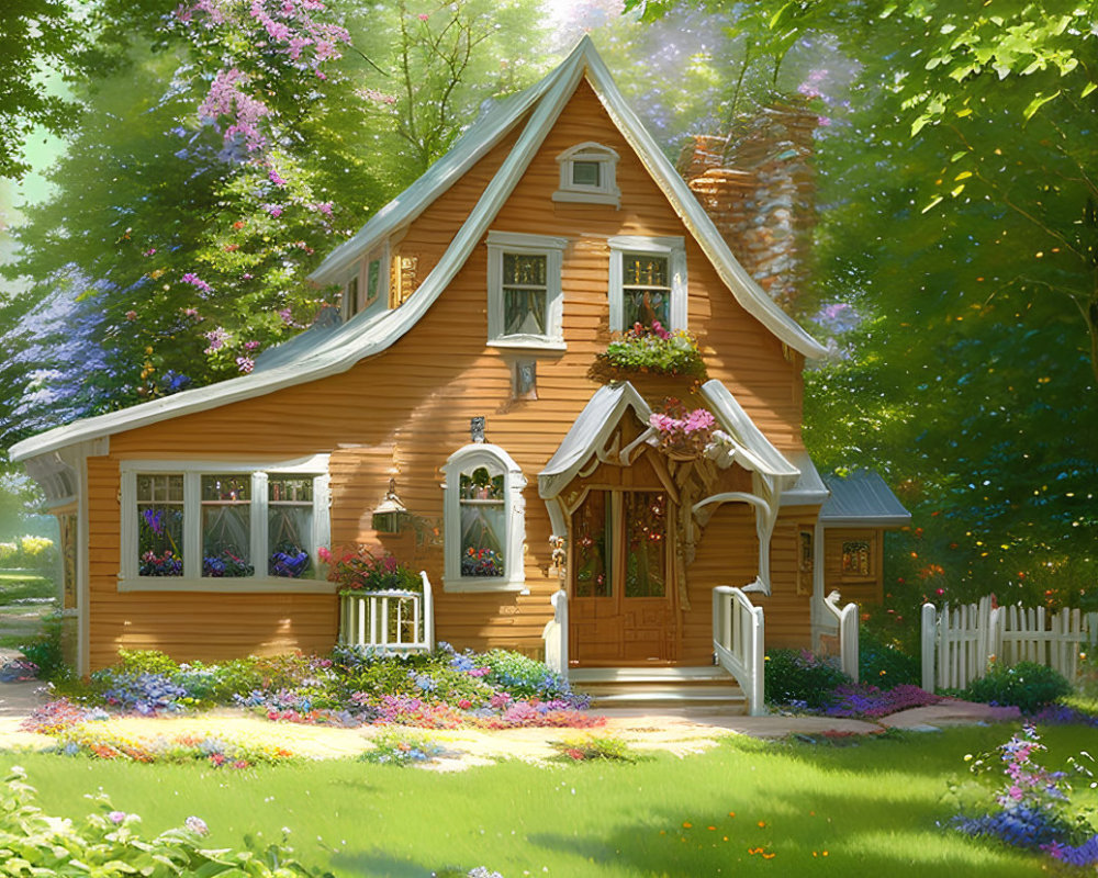 Charming wooden cottage with white trim and porch in lush garden