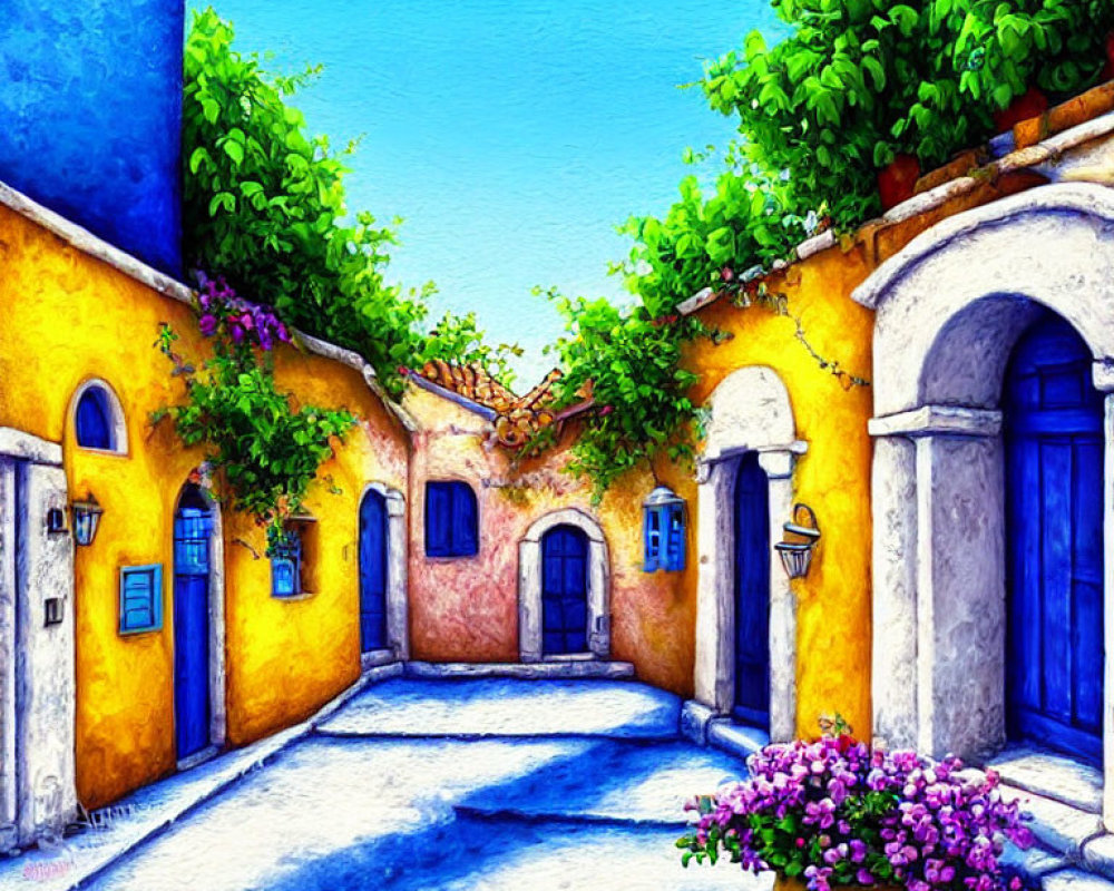 Colorful painting of cobalt blue and sun-kissed yellow alley with lush greenery.