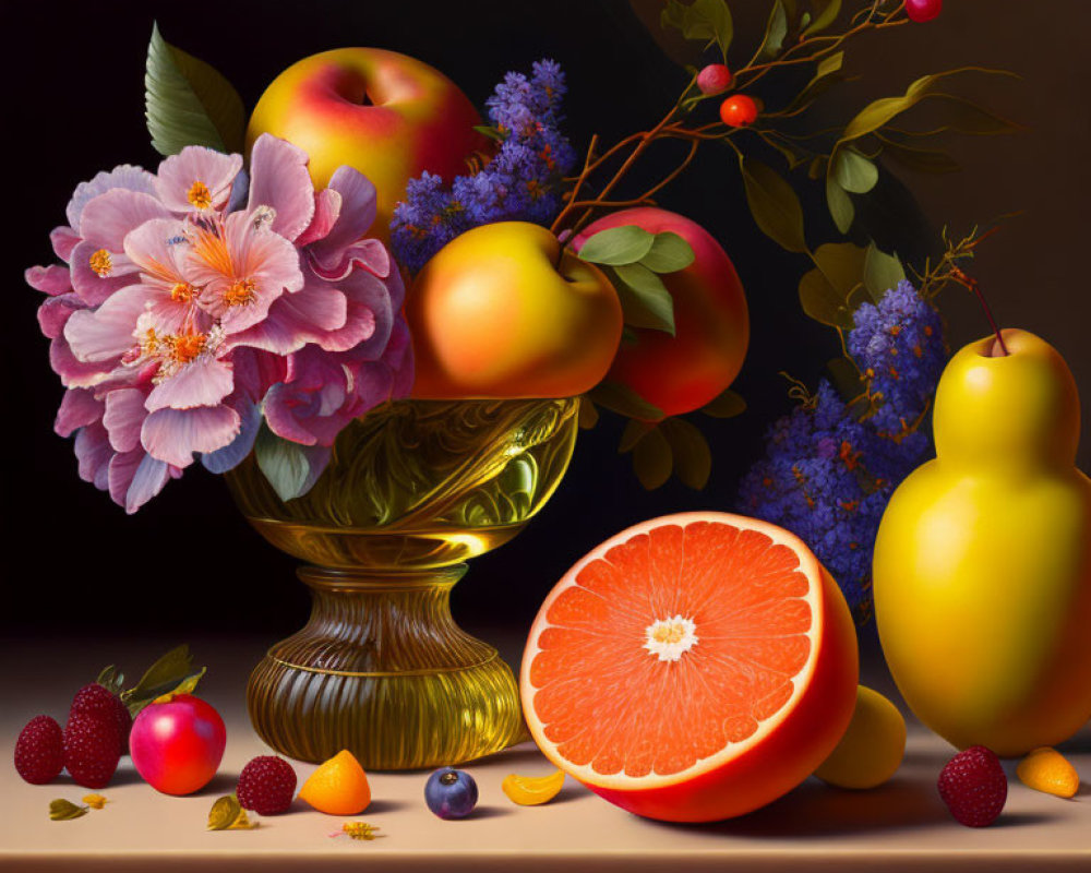 Colorful still life painting with glass vase, flowers, fruits, and nuts