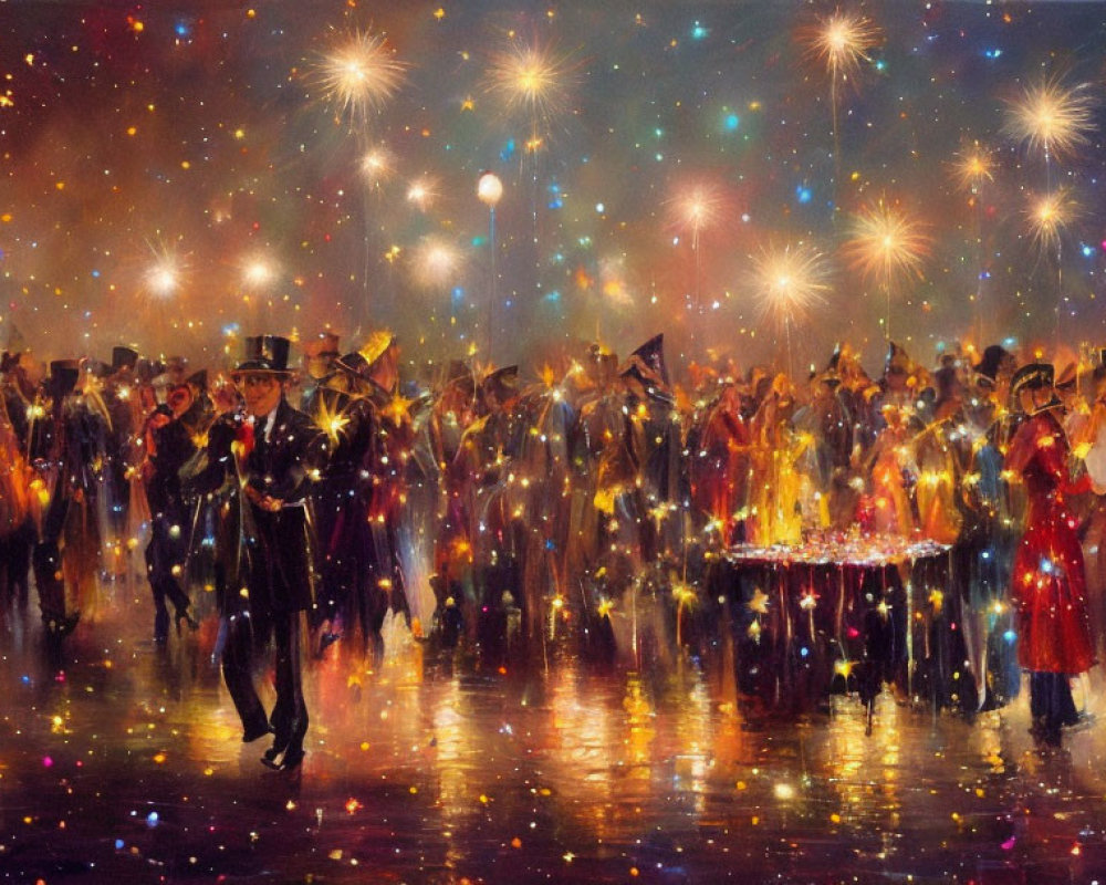 Elegant ballroom scene with guests in formal attire and golden fireworks