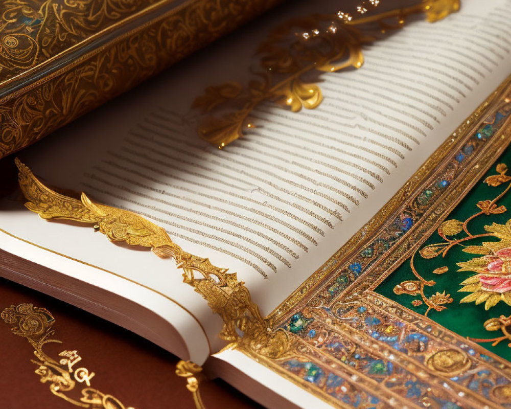 Intricately Designed Open Book with Golden Edges on Green Cover