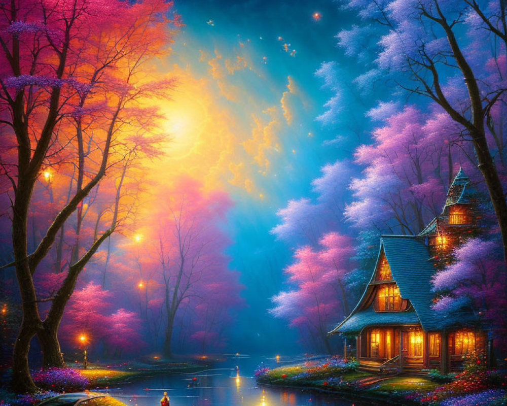 Fantasy landscape with glowing cottage by river at dusk