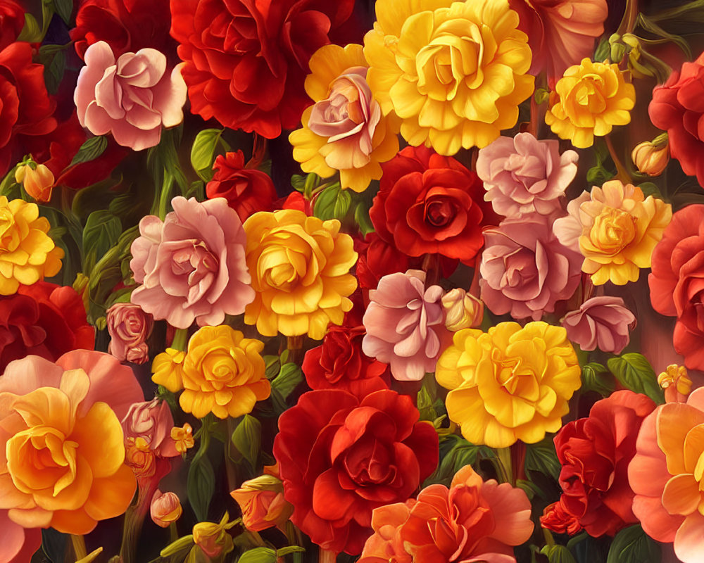 Detailed Illustration of Vibrant Cluster of Red, Pink, and Yellow Roses