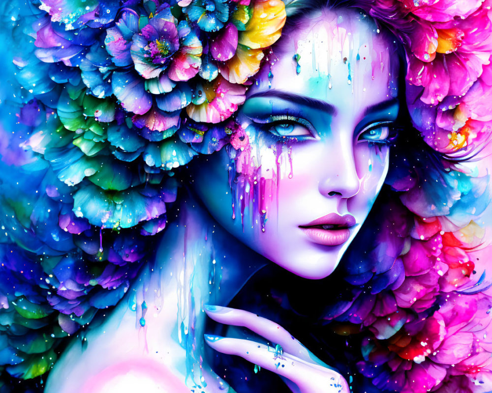 Colorful digital artwork: Woman's face merges with flowers in vivid blues, pinks, and pur