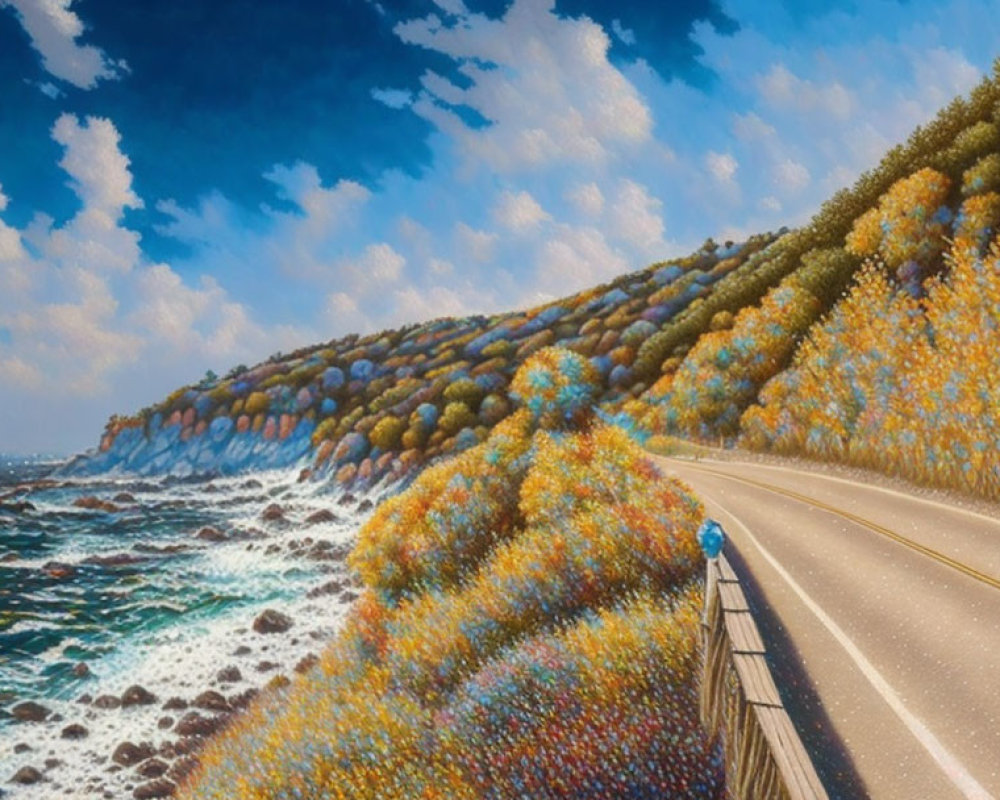 Scenic coastal road with cyclist and vibrant flowers