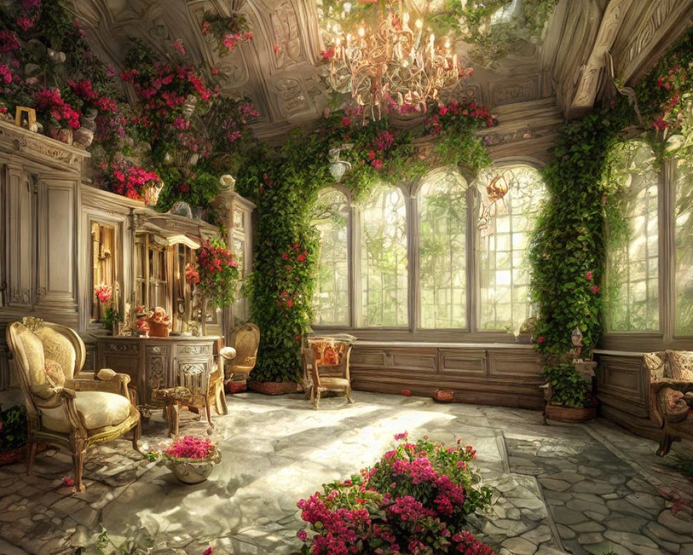 Sunlit room with blooming vines, antique furniture, and crystal chandelier