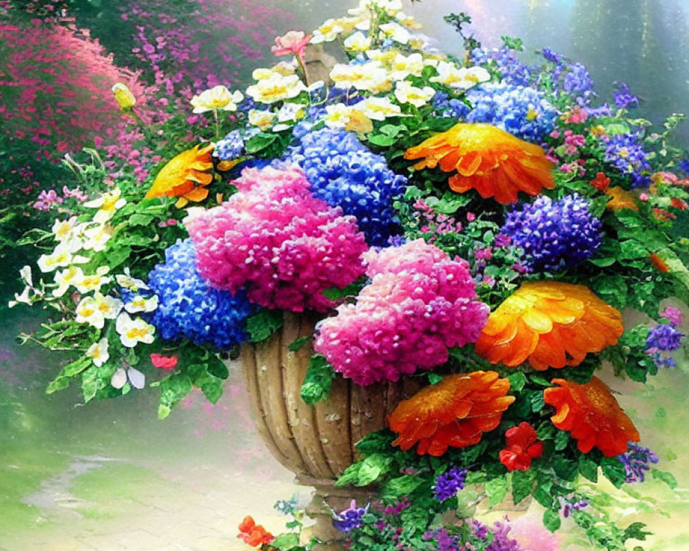 Colorful Flower Bouquet in Stone Vase with Sunlit Garden Background