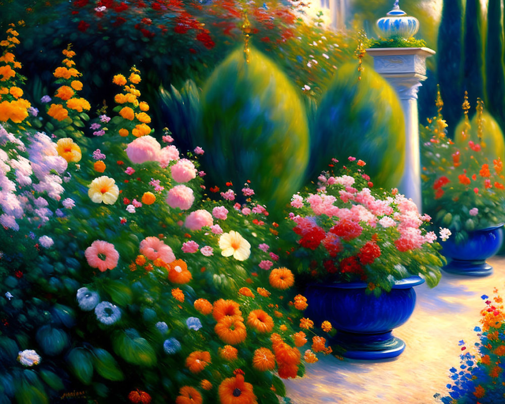 Colorful flowers in bloom with blue garden urns in a vibrant garden scene