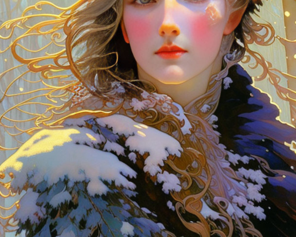 Illustration of young woman with fair skin and flowing hair in snowy feathered cloak