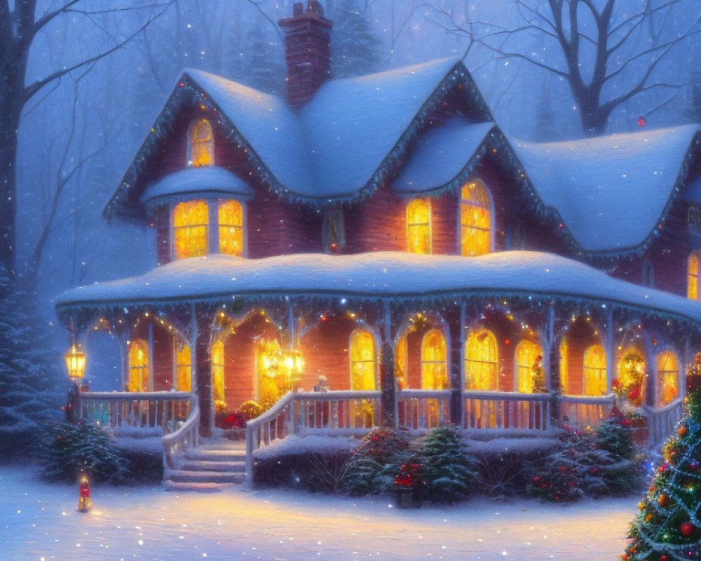 Festive Christmas house in snowy setting