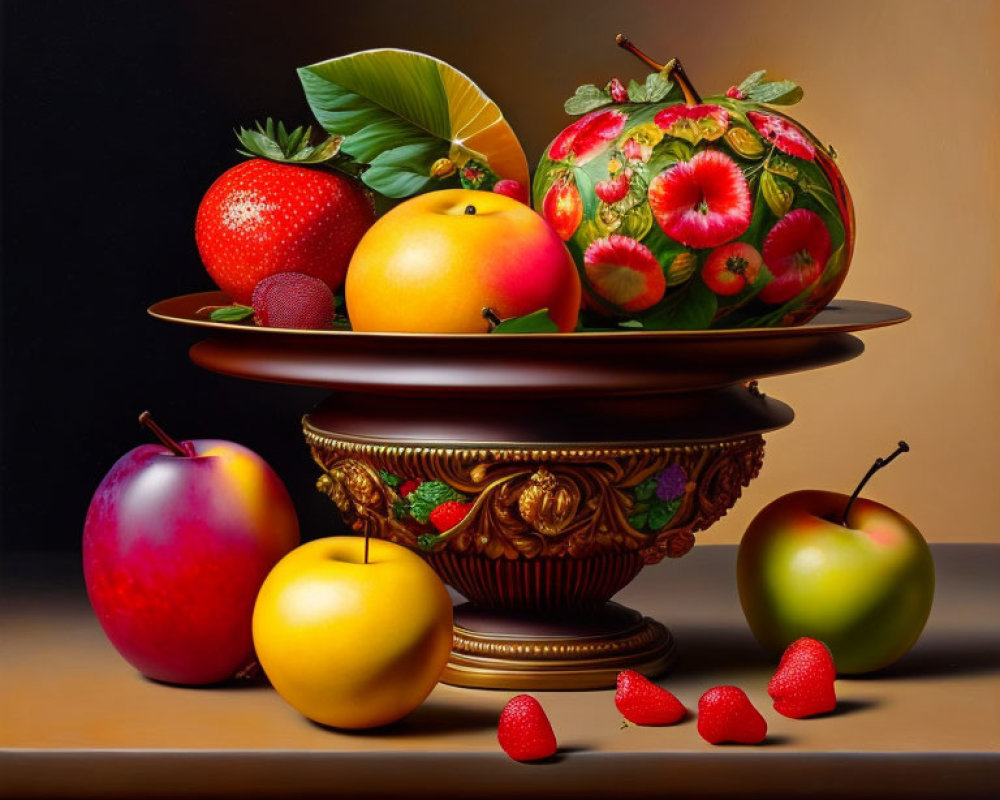 Golden bowl with vibrant fruits on dark background