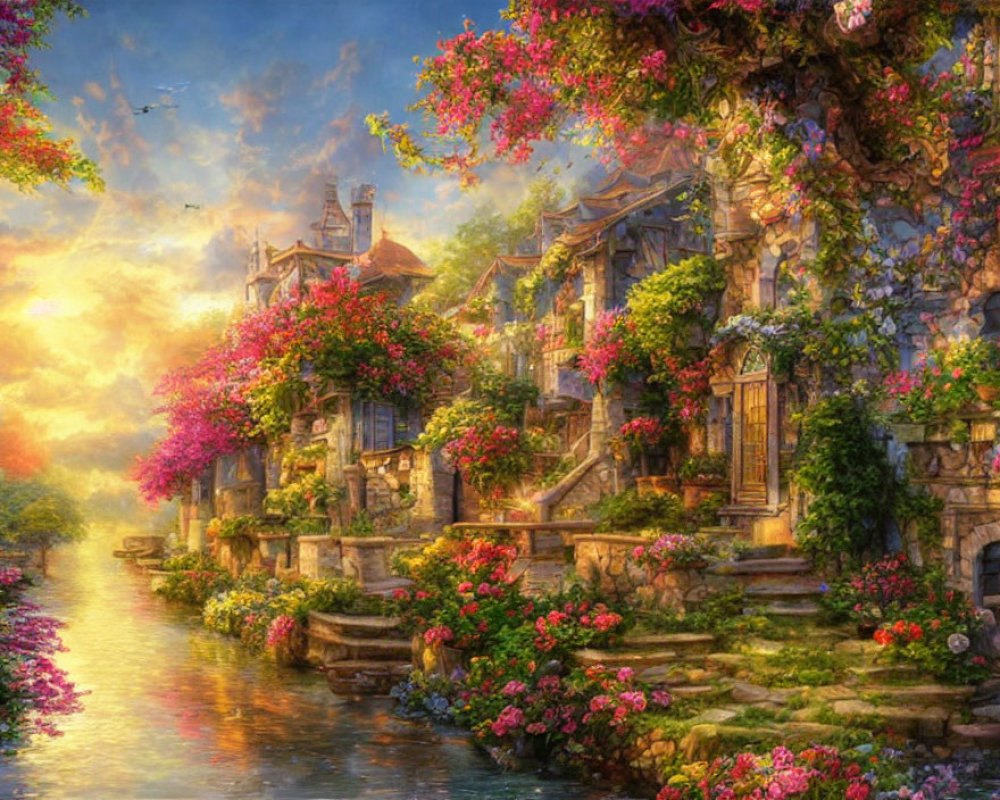 Tranquil riverside landscape with blooming flowers and stone houses