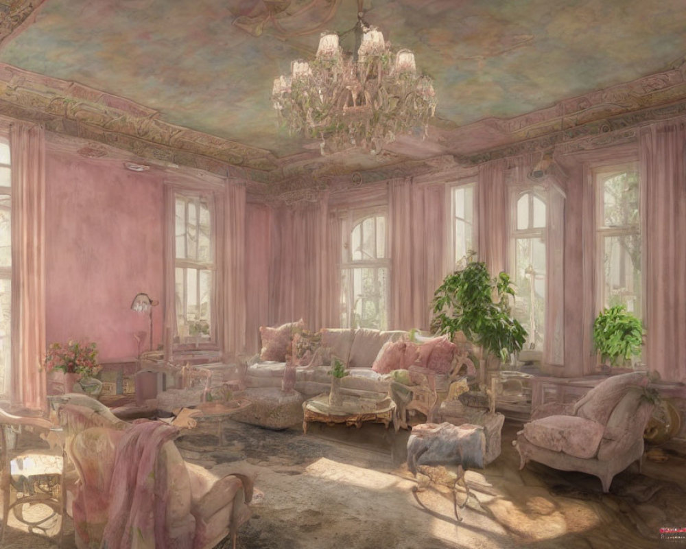 Luxurious Pink Room with Frescoed Ceiling and Crystal Chandelier