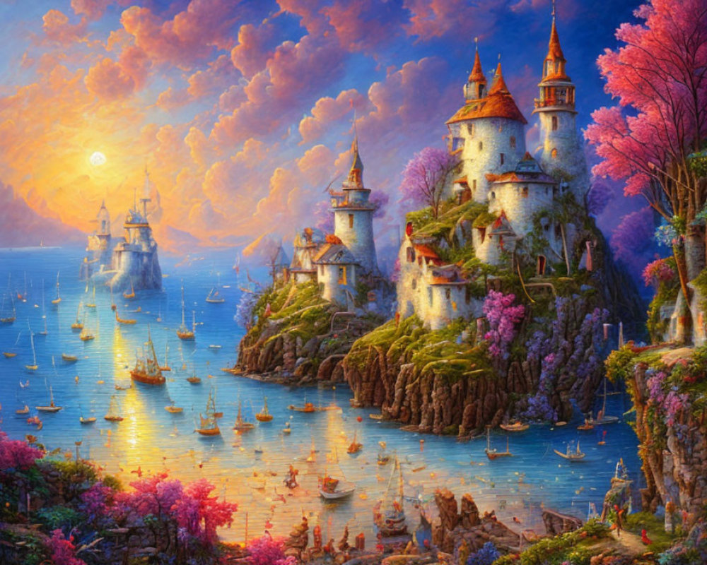 Vibrant fantasy landscape with castles, boats, and sunset sky