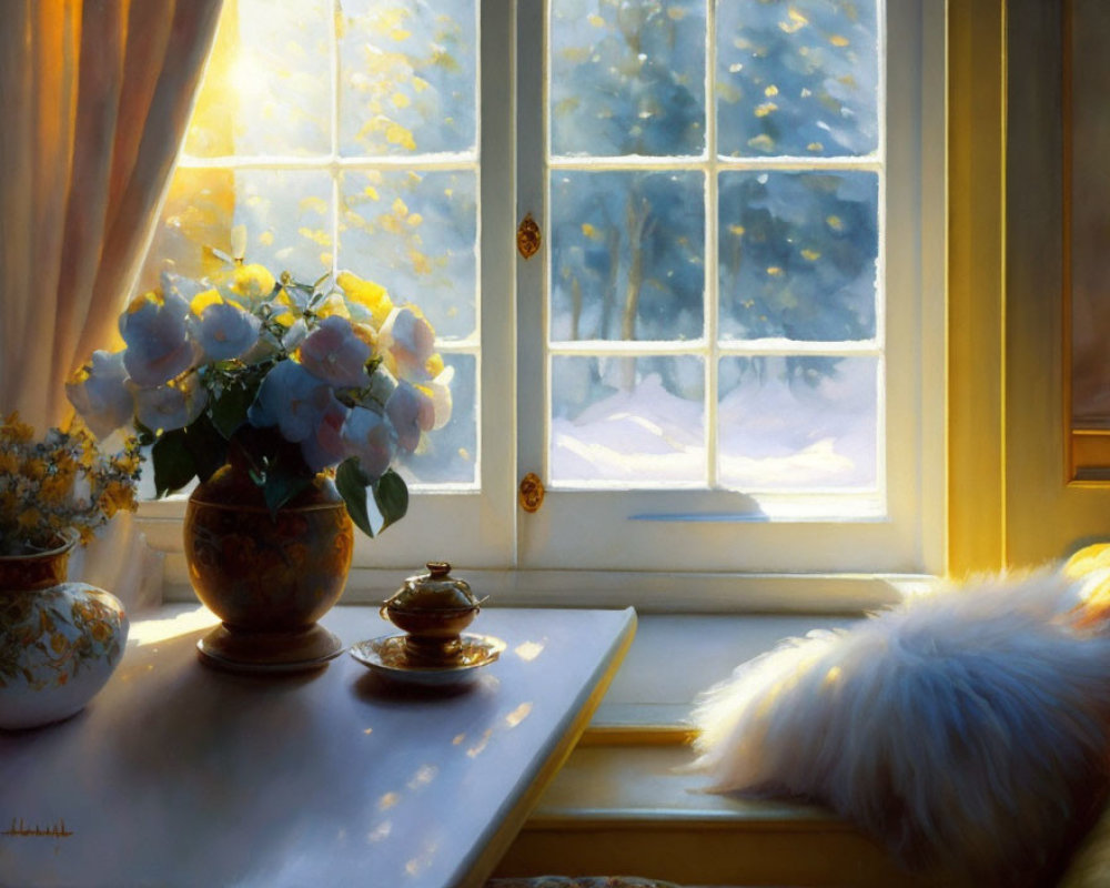 Sunlit Room with Flowers on Windowsill Overlooking Snowy Landscape