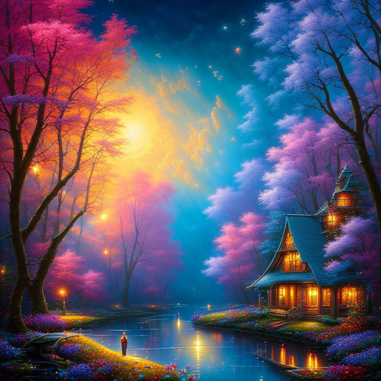 Fantasy landscape with glowing cottage by river at dusk