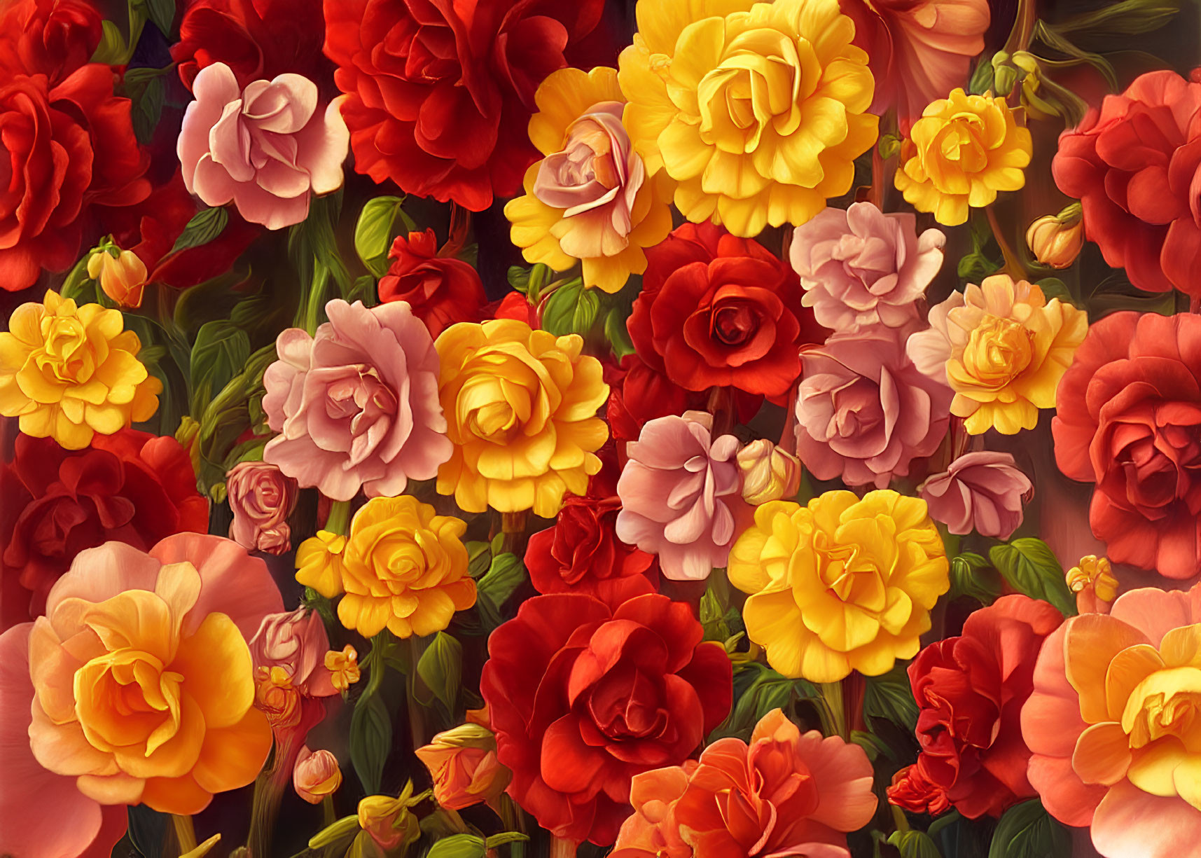 Detailed Illustration of Vibrant Cluster of Red, Pink, and Yellow Roses